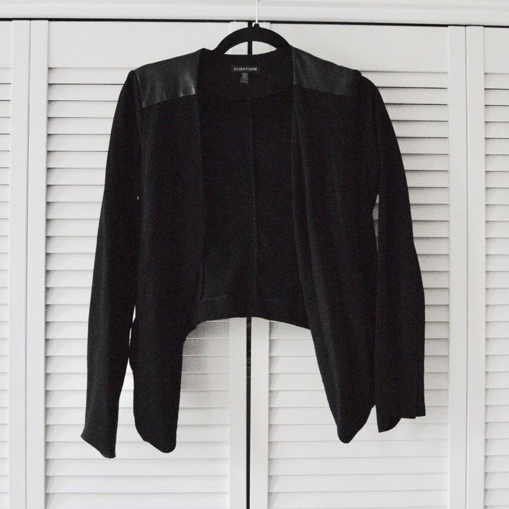Eileen Fisher XS Black Leather Trim Black Open Front Light Jacket | Size XS